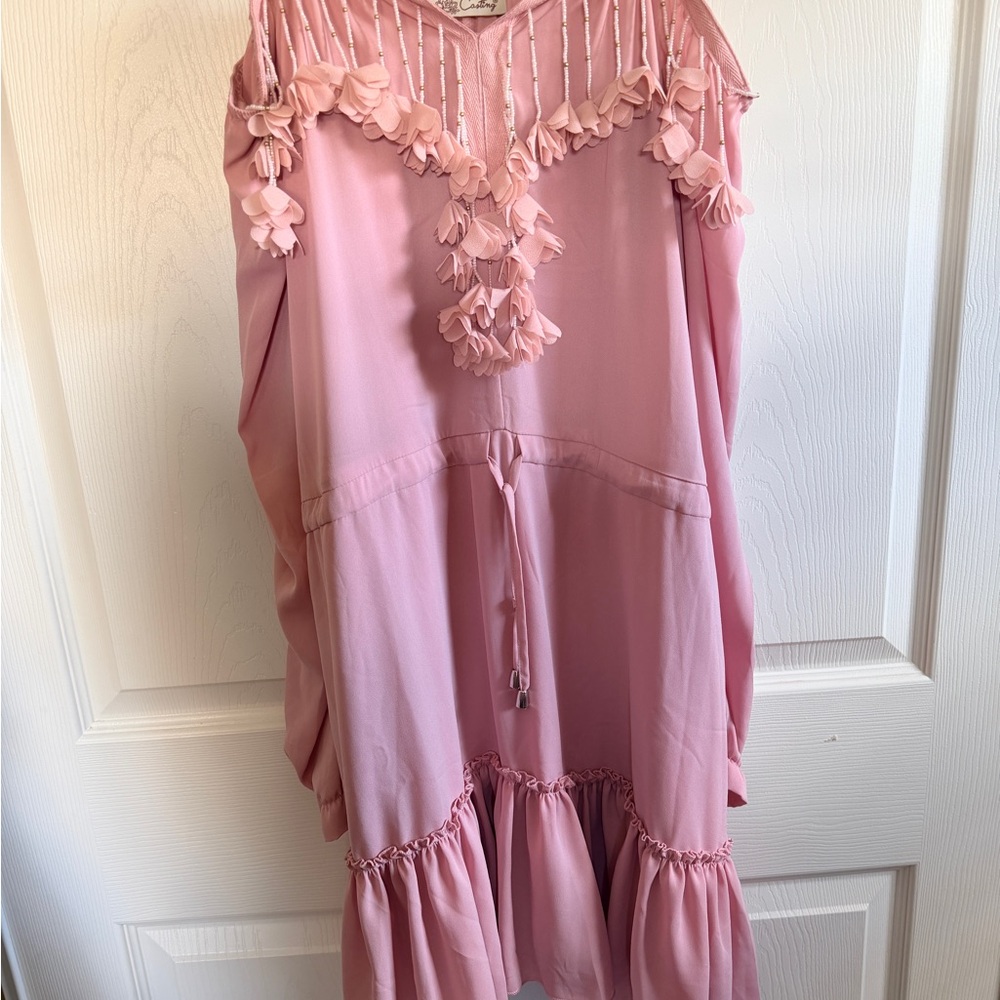 Pink Off The Shoulder Beaded Floral Mini Dress